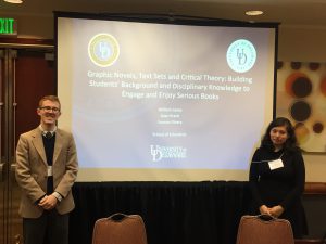 Sean Krazit and Yvonne Rivera present their research on engaging students in the English Language Arts classroom with associate professor William Lewis. 