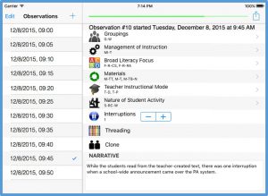 Using the iSeeNcode coding tree, the observer taps an observation to record, and the sidebar displays the menu of observations to review. The green progress bar at the top shows how much observation time remains.