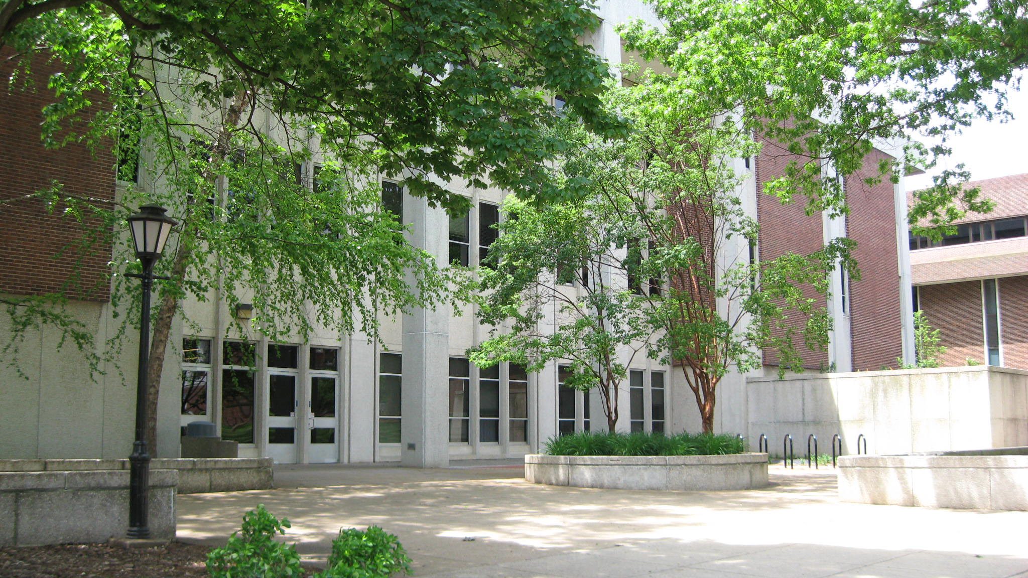 This image shows the main entrance of Willard Hall Education Building in the springtime.