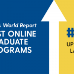 Graphic advertising that the UD online education programs were ranked at number 46, up from number 214 the previous year, by US News and World Report in 2019.