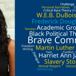 This image shows a photo of Janine de Novias and a word bubble with classroom vocabulary, language from her research, and the names of black writers.