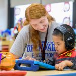 Rebecca Vitelli guides a student through the alphabet in her pre-kindergarten classroom at the Colwyck Center in Colonial School District.