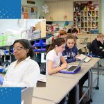 This image shows a professor working with a student in a graduate lab on the left-hand side, and a professor teaching a class of students on the right-hand side.