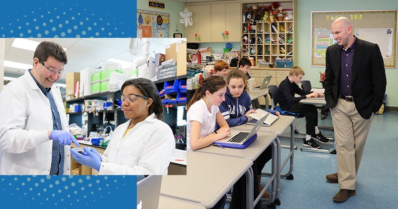 This image shows a professor working with a student in a graduate lab on the left-hand side, and a professor teaching a class of students on the right-hand side.