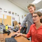 Roberta Micknick Golinkoff works with doctoral student Caroline Gaudreau in UD's Child's Play, Learning, and Development Lab.