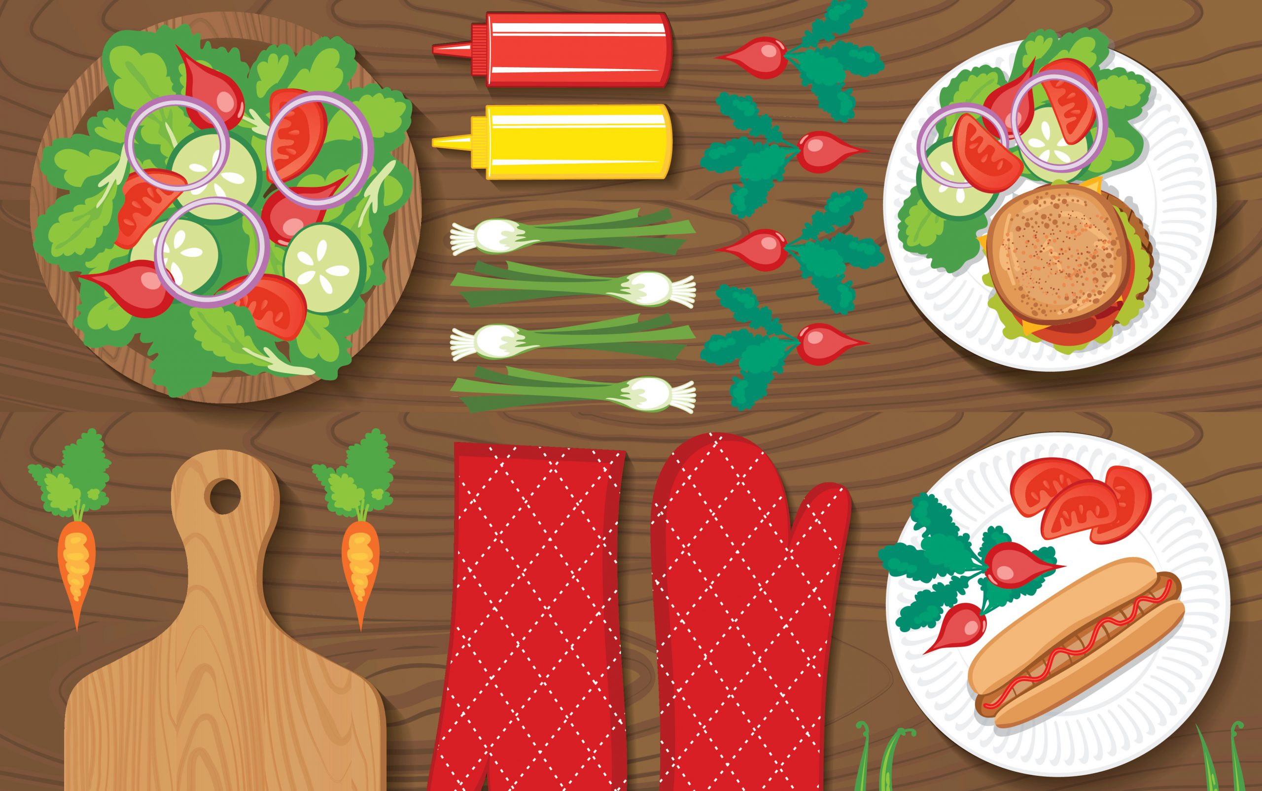 Illustration of salad bowl, hamburger, and hot dog arranged on a picnic table with condiments and oven mitts.